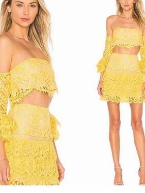 Lovers + Friends Yellow Lace Tiered Top and Bottom Set